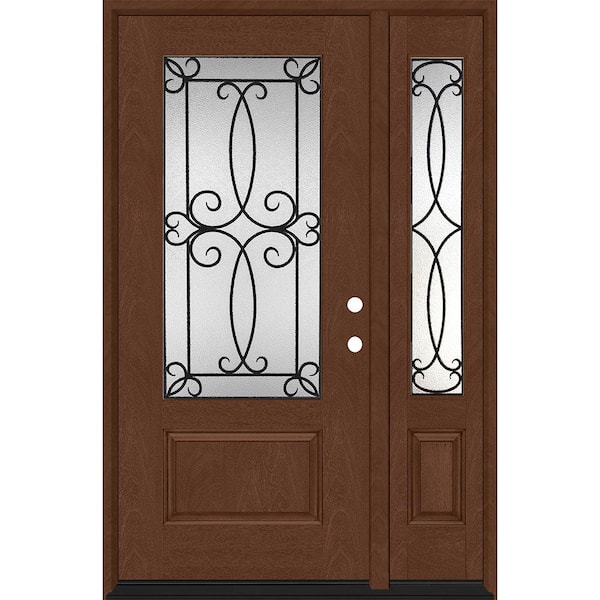 Steves & Sons Regency 53 in. x 80 in. 3/4-Lite Georgian Decorative Glass LHIS Chestnut Mahogany Fiberglass Prehung Front Door 14 in.SL