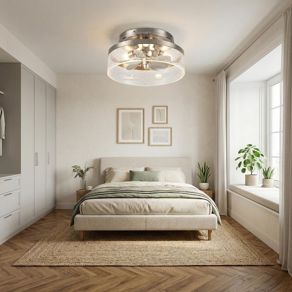 12.6 in. Indoor Stain Nickel Flush Mount Caged Ceiling Fan with Remote Control and DC Motor, Light Bulbs Included