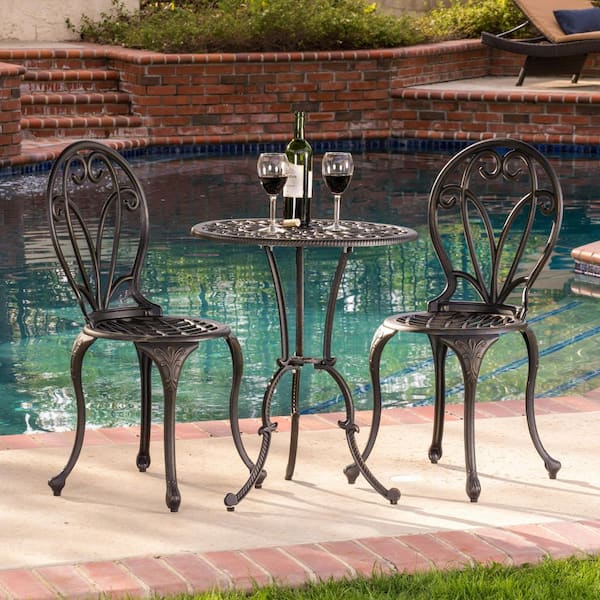 Phewnyzo 3-Piece Cast Aluminum Outdoor Bistro Set, Floral Design, Lattice-Patterned Seating and Cabriole Legs with Umbrella Hole