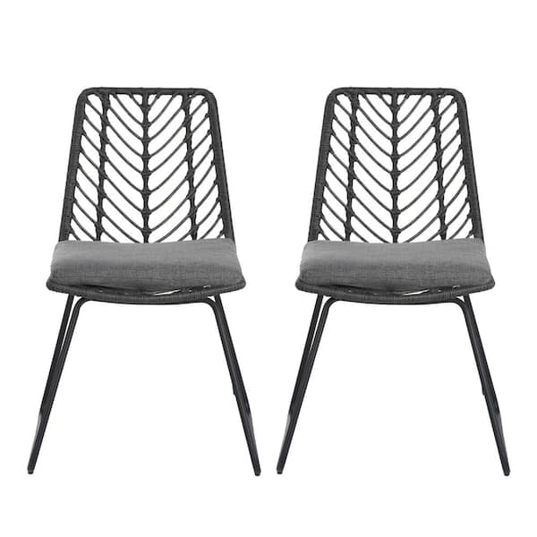 2-Pieces Gray PE Rattan+Iron Outdoor Lounge Chair with Gray Cushion