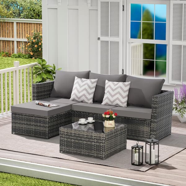 Unbranded 2-Piece Grey Wicker Patio Outdoor Furniture Sectional Set with Dark Grey Cushions, Ottoman and Table, for Backyard