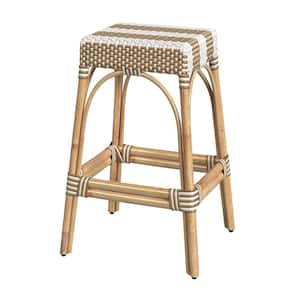 Robias 30 in. Tan and White Stripe Backless Rattan Bar Stool (Qty 1)