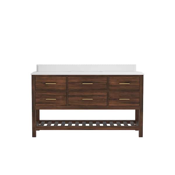 Willow Collections Parket Teak 60 in. W x 22 in. D x 36 in. H Single Sink Bath Vanity in Dark Walnut with 1.5 in. Empira White Quartz Top