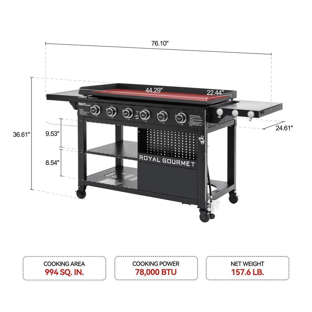 Royal Gourmet 44-Inch Black Stainless Steel 6-Burner Propane Gas Grill Griddle