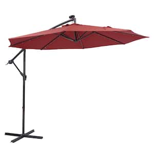 Red 10 ft. Metal Patio Outdoor Umbrella Hanging Cantilever Umbrella Solar LED with 32 LED Lights
