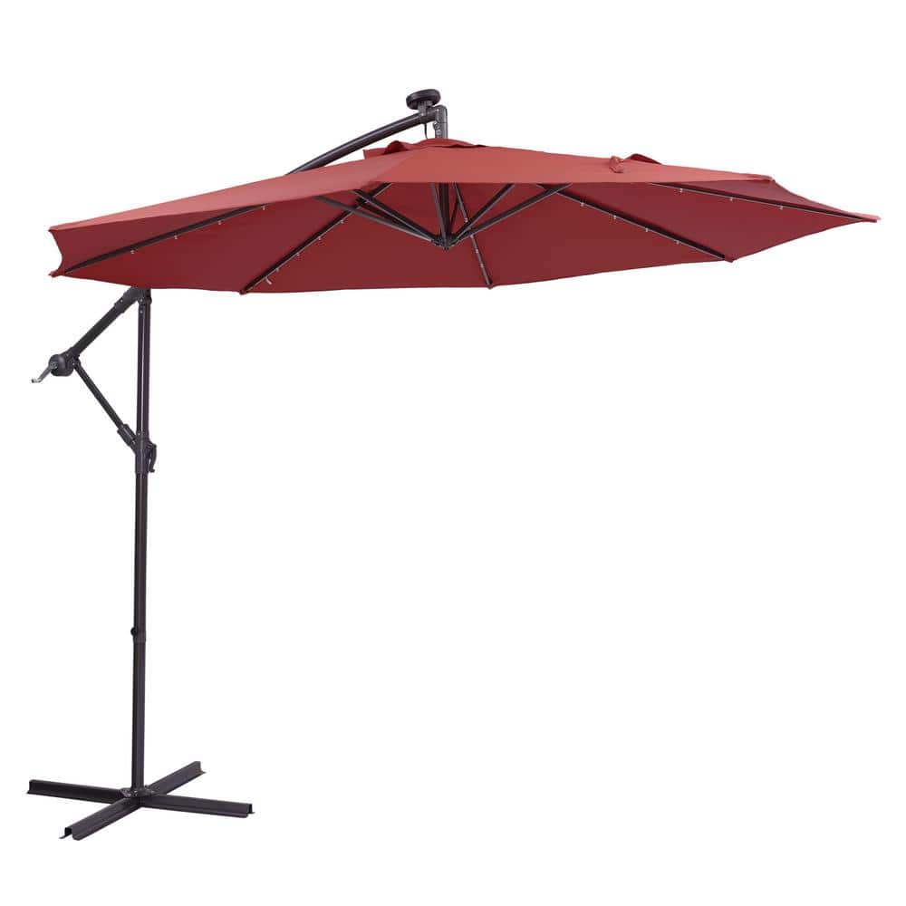 Modern 10 ft. Steel Cantilever Solar Patio Umbrella in Red with LED Lights