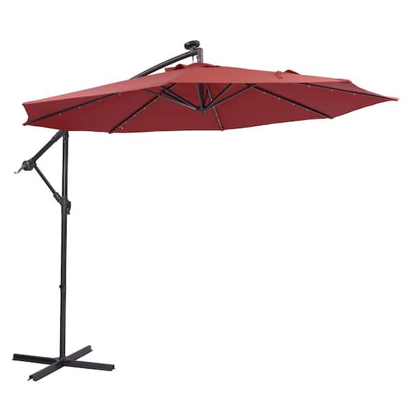 Sireck 9.5 ft. Solar LED Patio Outdoor Umbrella Hanging Cantilever Umbrella Offset Umbrellawith 32 LED Lights in Red