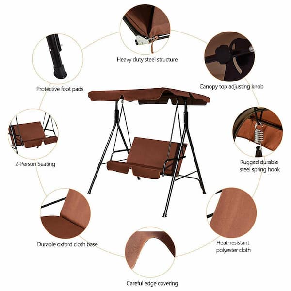 2-Person Steel Loveseat Cushioned Patio Swing in Coffee HY