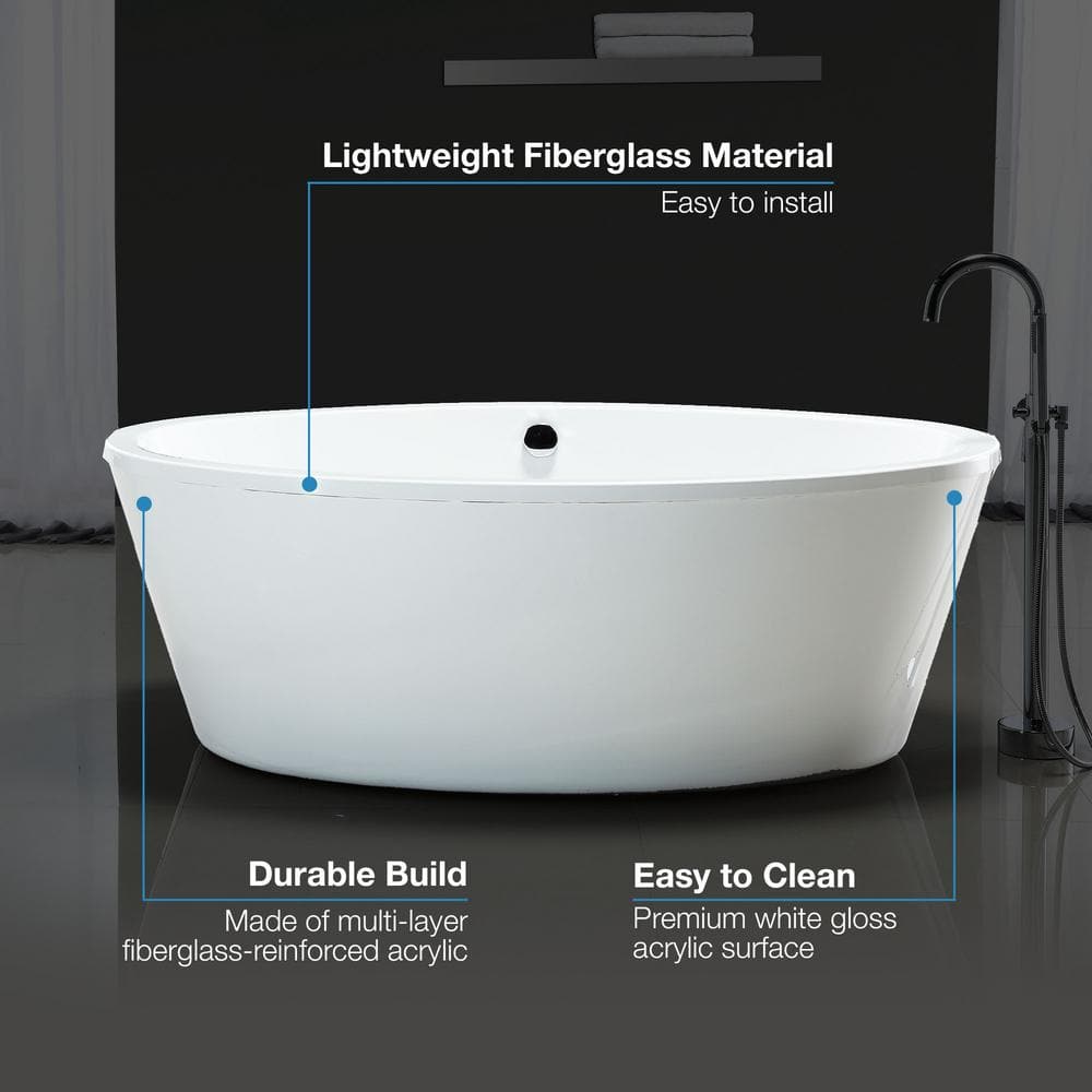 67'' Gloss White Acrylic Freestanding Soaking Bathtub