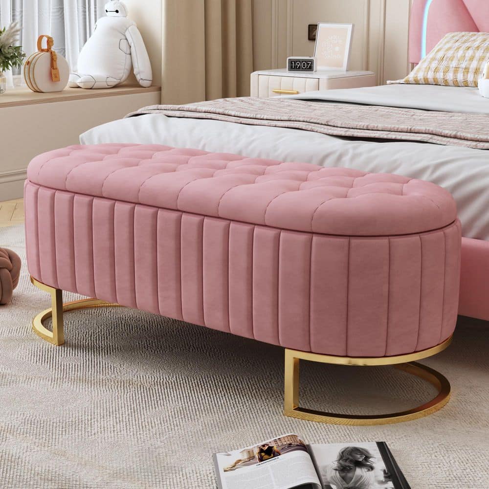 Polibi Pink Upholstered Velvet 47.20 in. W Storage Ottoman with