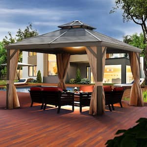 12 ft. x 12 ft. Aluminum Double Galvanized Steel Roof Gazebo with Ceiling Hook, Mosquito Netting and Curtains, Bronze
