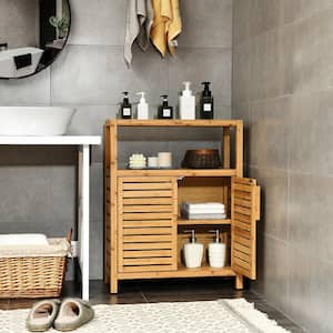 25 in. W x 11 in. D x 32 in. H Yellow Natural 2-Door Bamboo Bathroom Floor Linen Cabinet Storage Organizer with Shelf