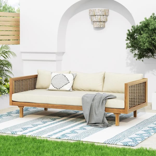 Cesicia Wood 3-Seater Outdoor Day Bed with Arms and Beige Cushion
