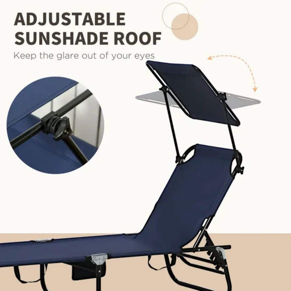 Close-up of the adjustable sunshade roof mechanism on a blue lounge chair.