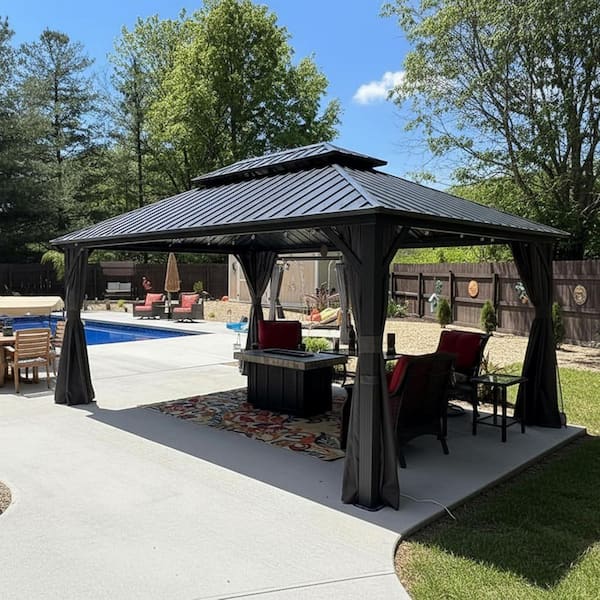 12 ft. x 16 ft. Gray Aluminum Hardtop Gazebo Canopy with Netting and Curtains