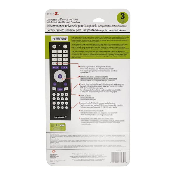 Zenith 3-Device Universal Remote Control with Microban Plastic Case ZR300MB - The Home Depot
