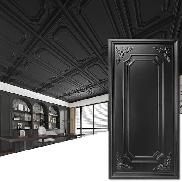 Black 2 ft. x 4 ft. Textured PVC Drop In Ceiling Tile, Decorative Glue Up Ceiling for Basement Kitchen (96sq. ft. /case)
