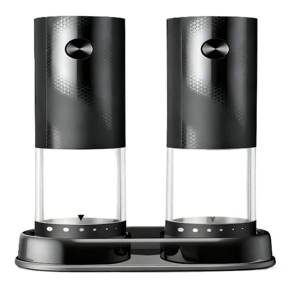 2-Piece Black Rechargeable Electric Salt and Pepper Grinder Set, External Adjustable Coarseness, Larger Hopper