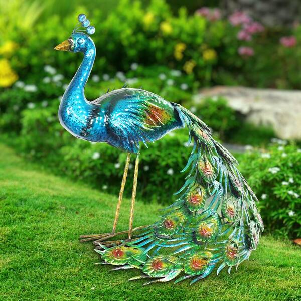 Exhart Hand Painted Metal Peacock Garden Statue 15820-RS - The