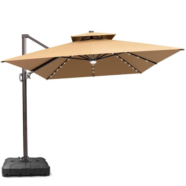13 ft. x 10 ft. LED Rectangular Swivel Double Cantilever Patio Umbrella in Tan with 260 lbs. HDPE Base