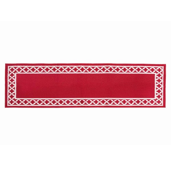 Washable Skid Resistant Red/White 2.2 ft. x 8 ft. All Loop Tufted Area Rug