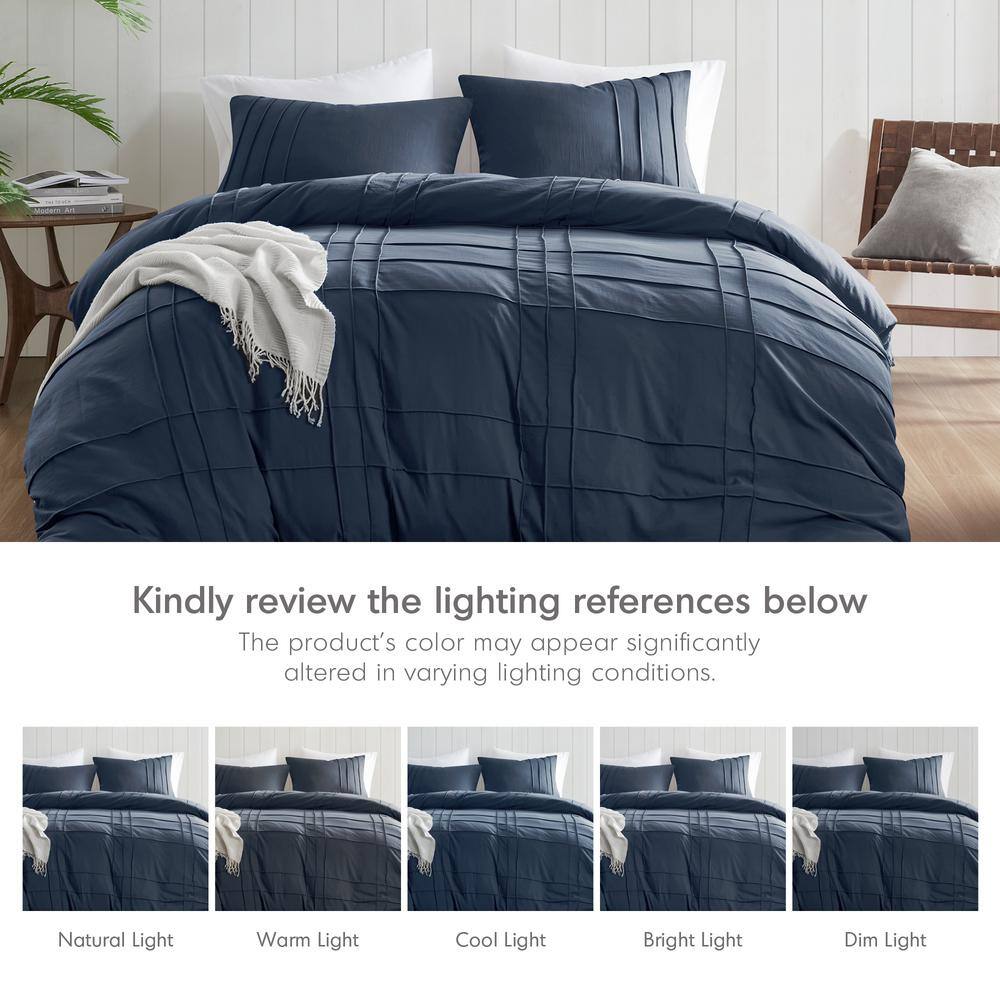 Navy Queen Microfiber Pleated Duvet Cover Set with Shams