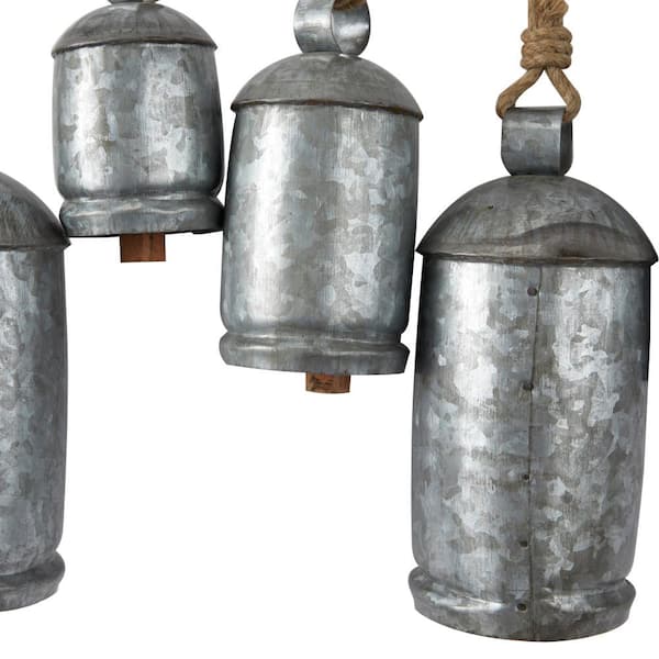 Silver Metal Tibetan Inspired Cylindrical Decorative Cow Bell with Jute Hanging Rope and Rod
