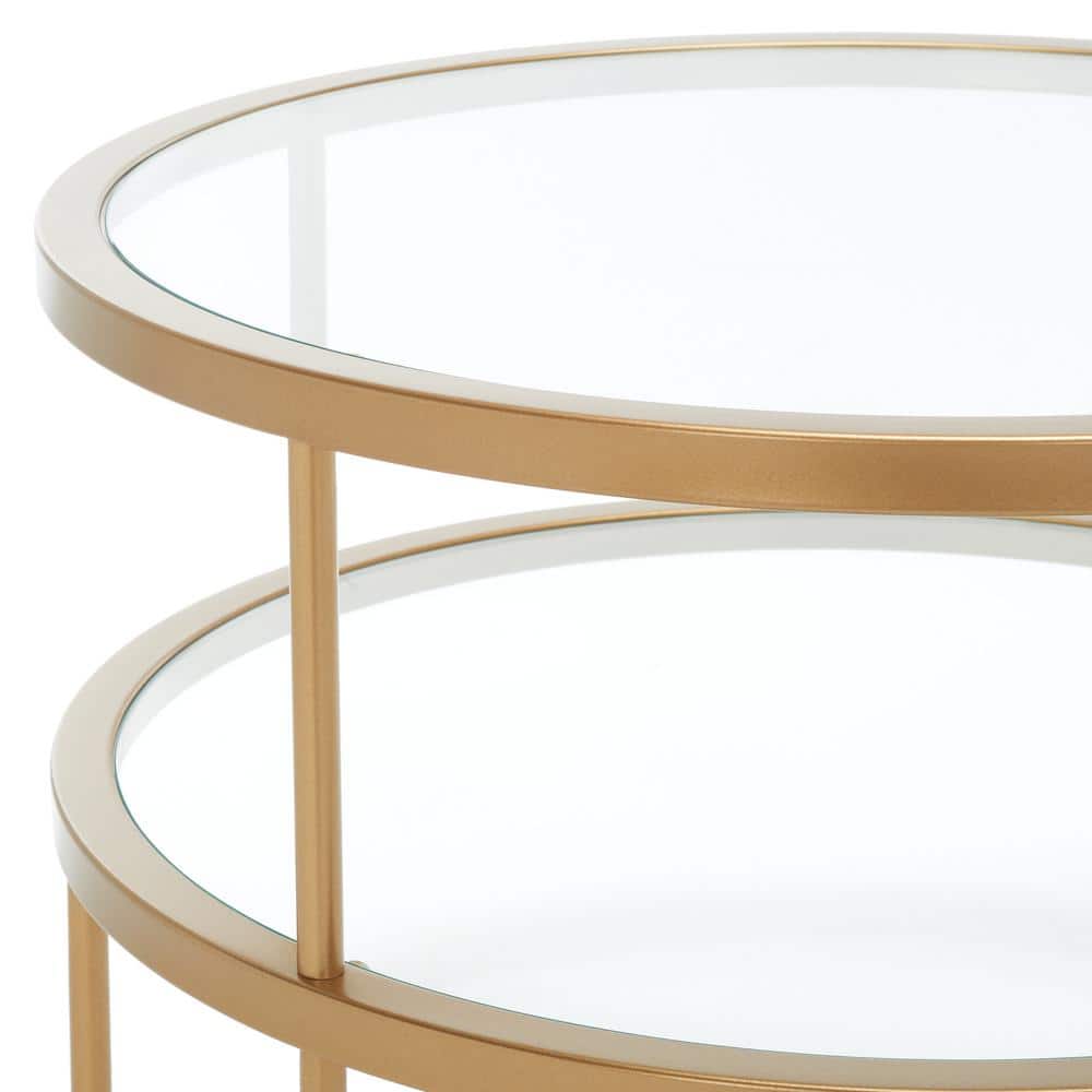 Gold and Clear Round Metal Glass Accent Table with Shelves