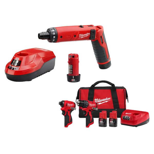 M4 4V Lithium-Ion Cordless 1/4 in. Hex Screwdriver 2-Battery Kit, &Drill Impact Driver Kit
