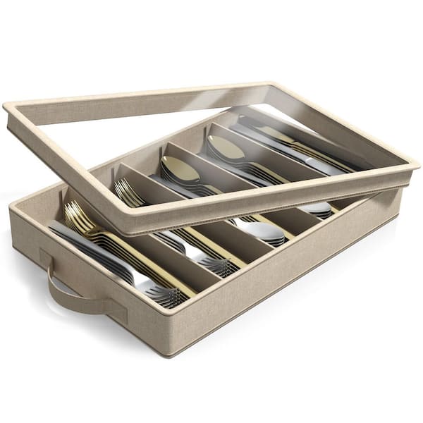 Beige 16.75 in. x 3 in. Decorative Box, Polyester Padded Exterior, Plastic Flatware Organizer, Utensil Storage