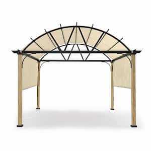 12 ft. x 12 ft. Wood Grain Aluminum Outdoor Pergola with Arched Canopy and Beige Retractable Shade