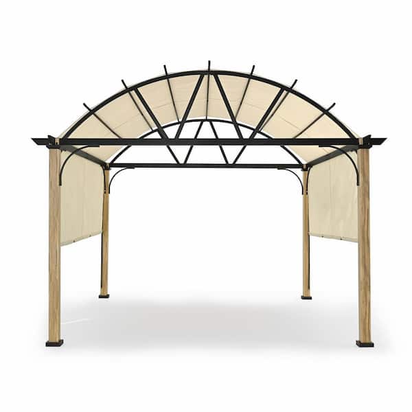 12 ft. x 12 ft. Wood Grain Aluminum Outdoor Pergola with Arched Canopy and Beige Retractable Shade