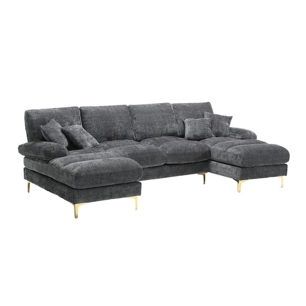 HOMEFUN 110 in. W 4-piece U Shaped Chenille Modern Sectional Sofa with in Gray Double Chaises