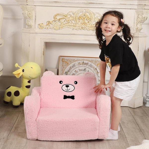 Pink Polyester 2 in 1 Kids Sofa Chairs Teddy Bear Sherpa Couch for Girls Boys Toddler Pet