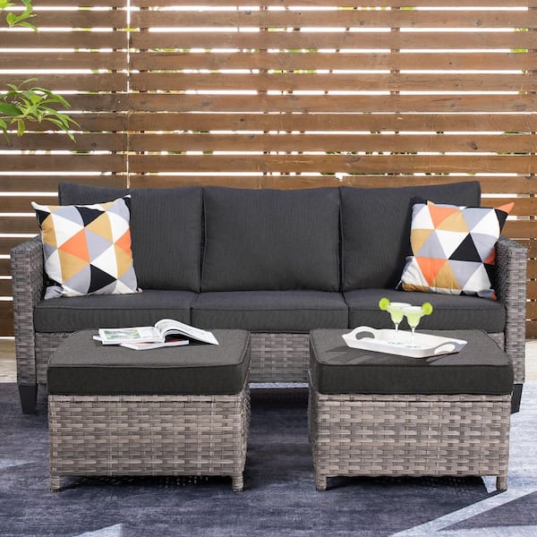 XIZZI Andes Gray Wicker Outdoor Couch Patio Sofa with Black Cushions and Ottoman