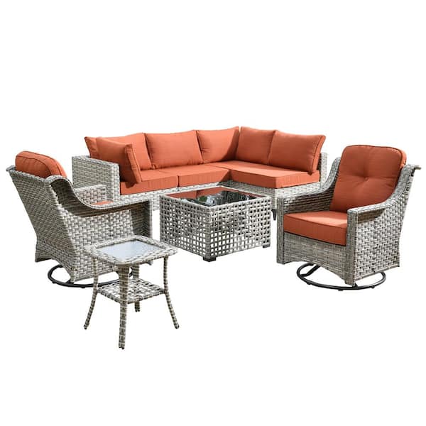Holston 8-Piece Wicker Modern Outdoor Patio Conversation Sofa Seating Set with Swivel Chairs and Orange Red Cushions