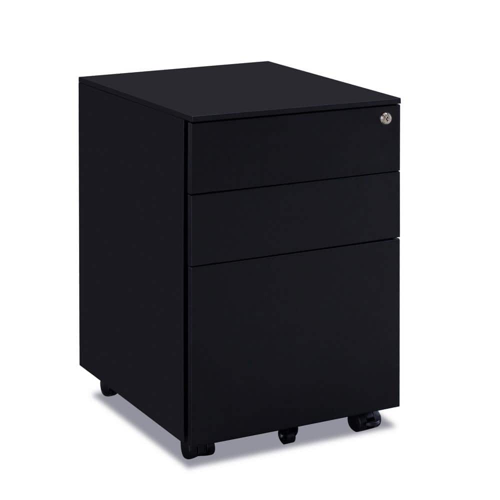 Black Mobile 3-Drawer Lockable Metal Filing Cabinet
