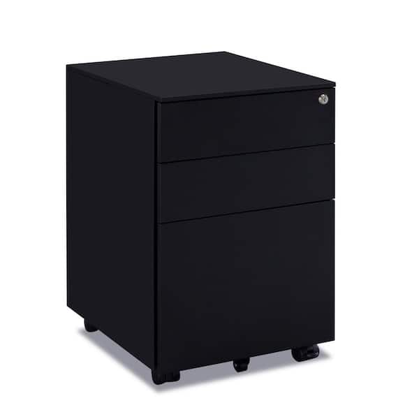 Tatahance 3-Drawer Mobile Black Metal Lateral Filing Cabinet with Lock Steel