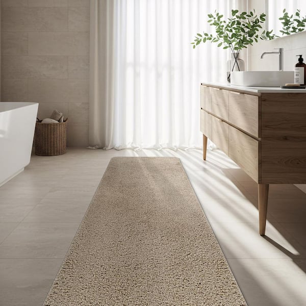 Silky Beige 2 ft. x 7 ft. Solid Plus Thick Pile Non Slip Easy Clean Non Shedding Modern Runner Indoor Area Rug