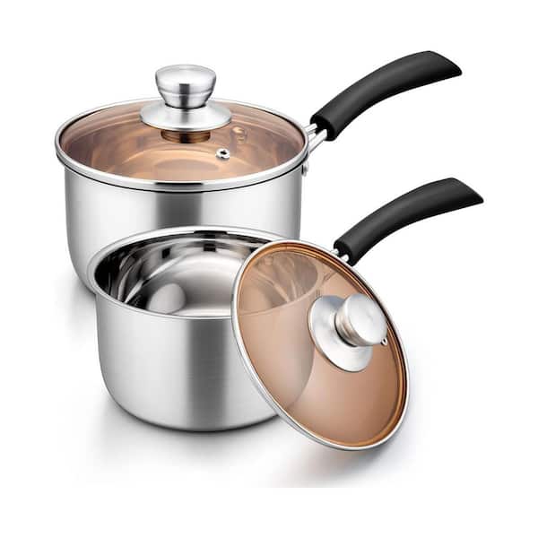 2-Piece Stainless Steel Saucepan Set with Glass Lid, 18/10 Steel, Even Heating, Ergonomic Handle, Dishwasher Safe