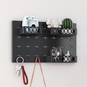 6 Metal Wall Mounted Screw-In Towel Racks Key Hooks with 3 Adjustable Baskets in Black