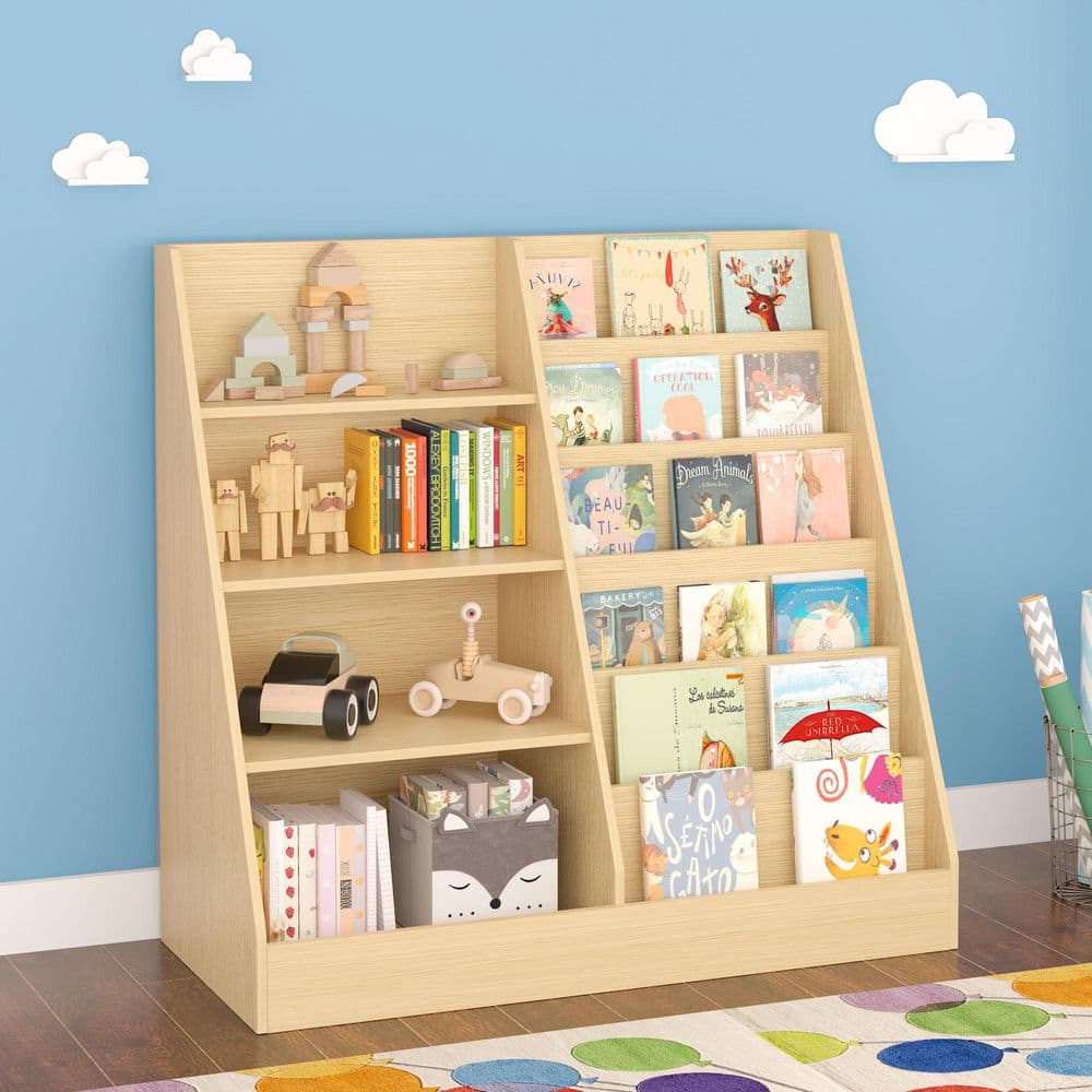 Polly 33.47 in. H Brown Wood Multifunctional 4-Tier Bookcase with Bookcase Display Stand, Natural