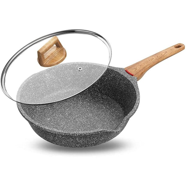 Nonstick Swiss Granite Frying Pan 8  in. Black Die-Cast Scratch-Resistant with Lid for Induction Cooktops