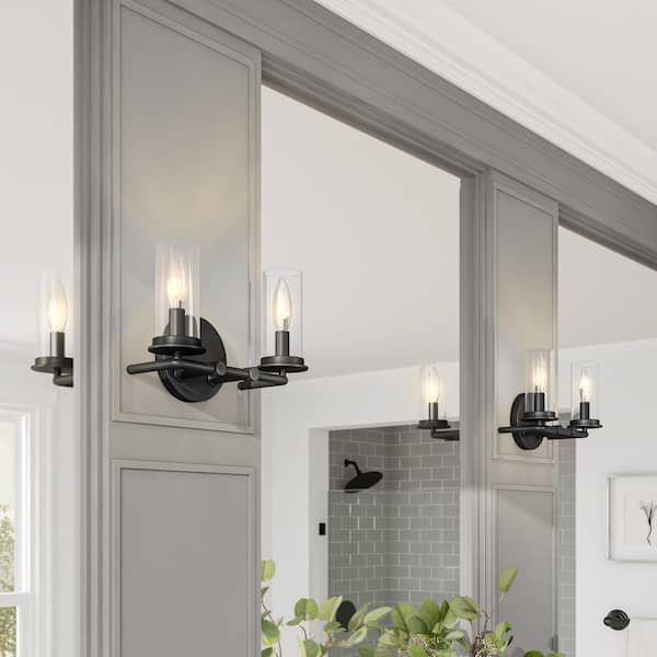 Hudson Heights 11 in. 2-Light Matte Black Coastal Vanity Light with Clear Glass Shades