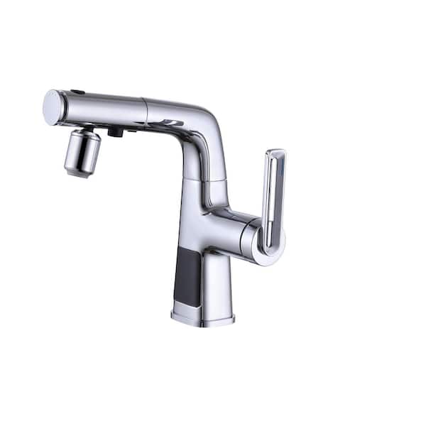 4 in. Centerset Single Level Handle Mid Arc Bathroom Pull-Out Faucet with Digital Display in Chrome