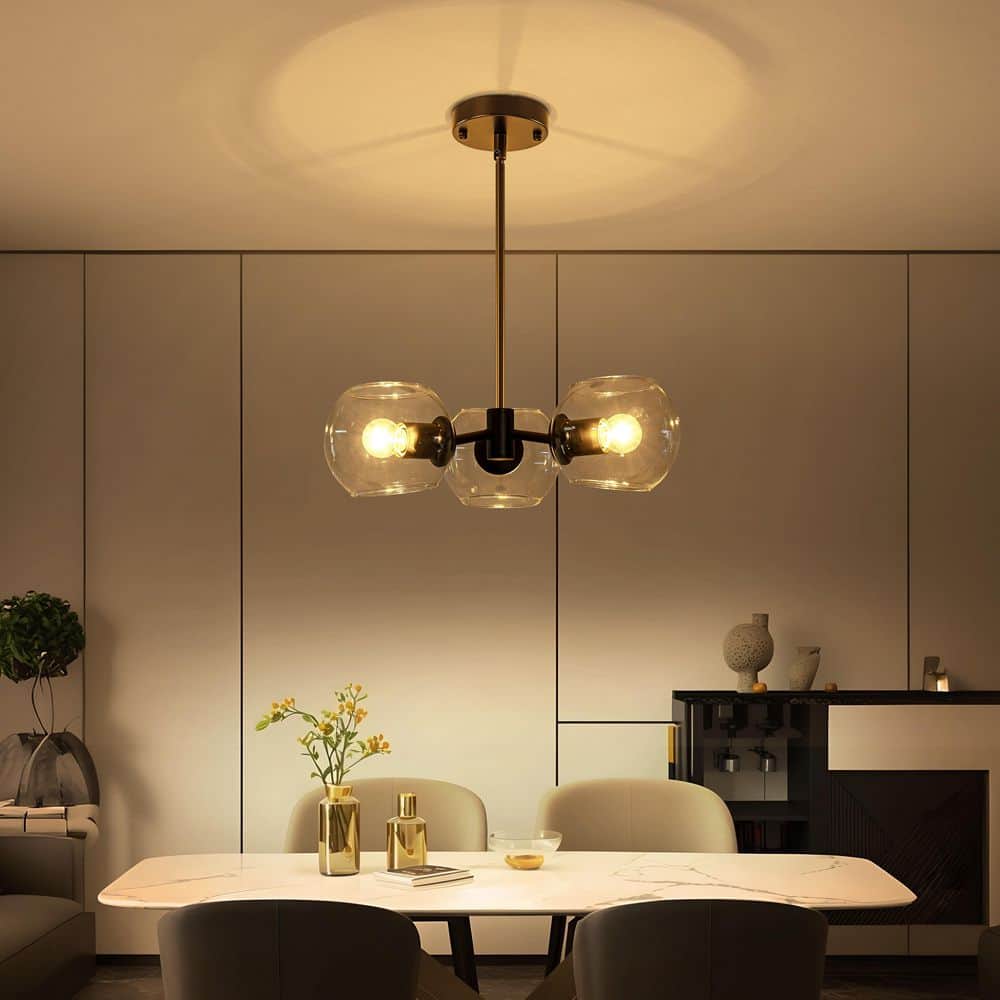 TinHon 3-Light Modern Black Pendant Chandelier with Clear Glass
