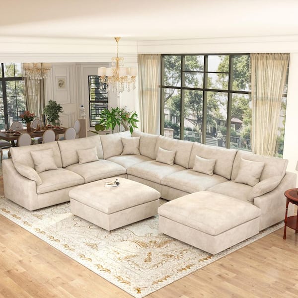 156 in. Oversized Square Arm 8-Piece Linen Down Deep Seat U Shape Free Combination Sectional Sofa with Ottoman in Brown