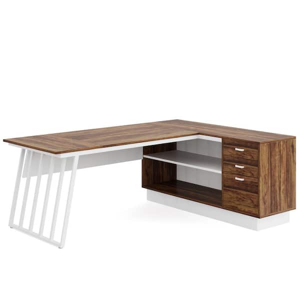 Halsey 71 in. L-Shaped Brown White Wood 3-Drawers Executive Computer Desk Storage Shelves Cabinet Large Office Business