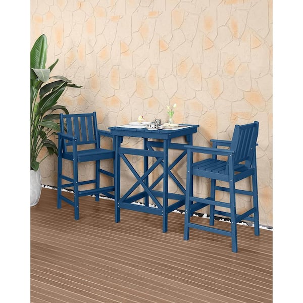 Blue 3-Piece Adirondack Chairs and Table Set Outdoor Serving Bar Set Plastic Patio Bar Set with 2 Chairs and 1 Table