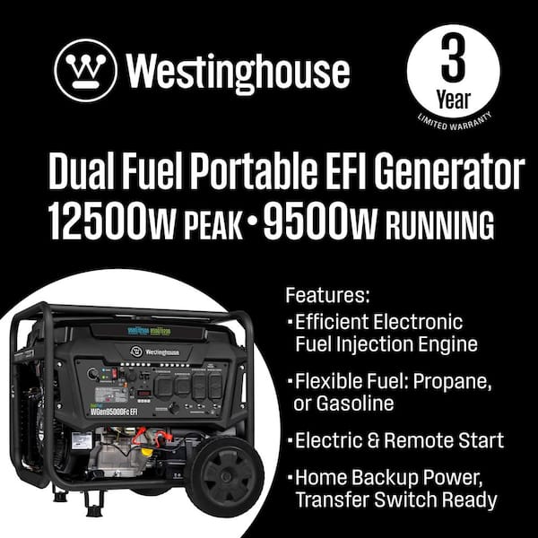 12,500/9,500-Watt Dual Fuel Gas and Propane Powered EFI Portable Generator with Remote Electric Start, 50 Amp Outlet